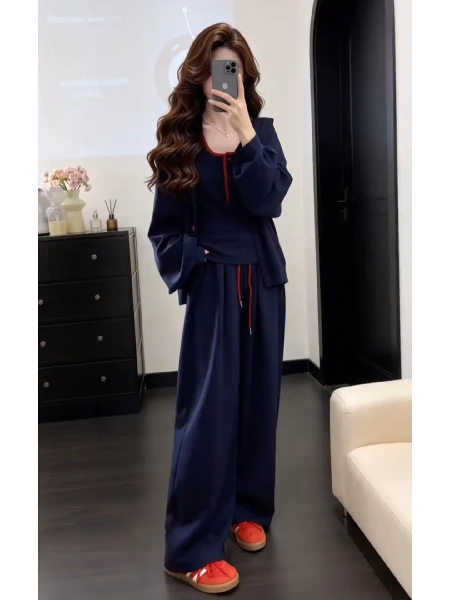 Korean Style Autumn Early Color Block Hoodie Jacket Women's Wide Leg Pants Three Piece Set Sweet Style High Waist Long Sleeve