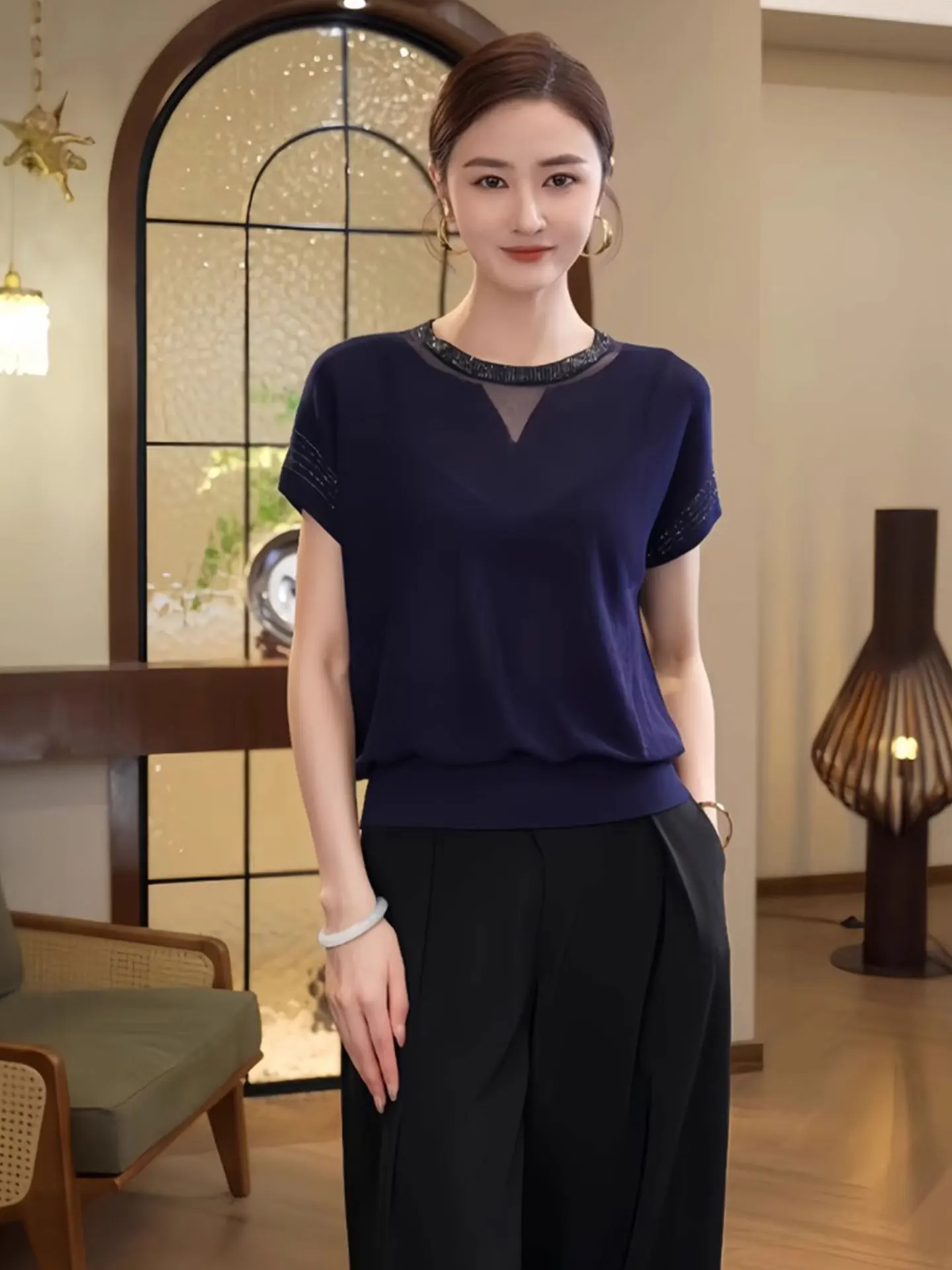 

Ele ort Sve Knitted Sweater Heavy Embelliment Design Korean Sle Commute Straight Cut Summer Luxury irt