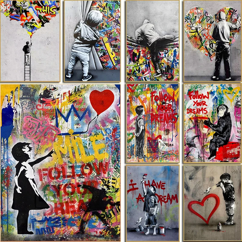 Balon Kız Banksy Sanat Tuval Boyama Duvar Hayallerinizi Takip Edin Pop Graffiti Posteri Oturma Odası Yatak Odası Bar Ev Dekorasyon
