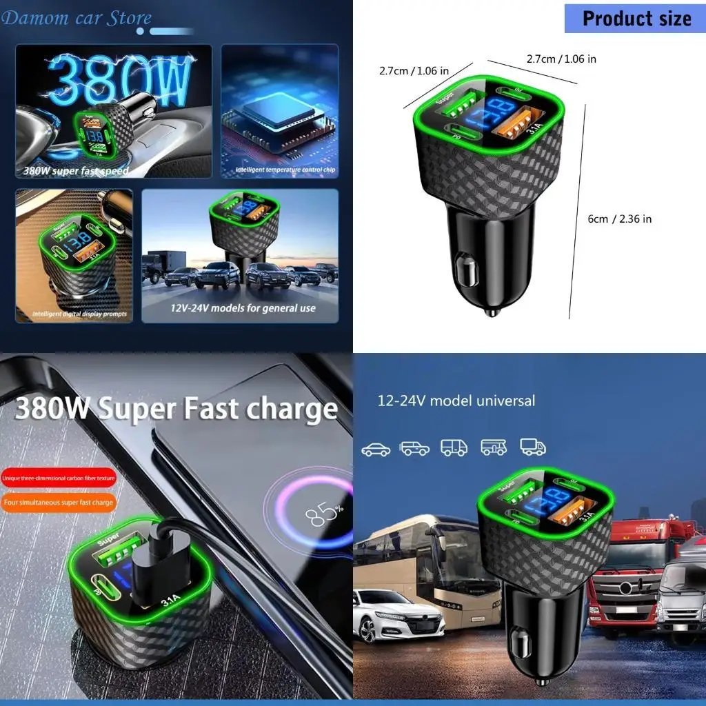 

A2UC Fast Charging 4 Port Car Adapter USB PD 380W Compact Electric Display for Auto