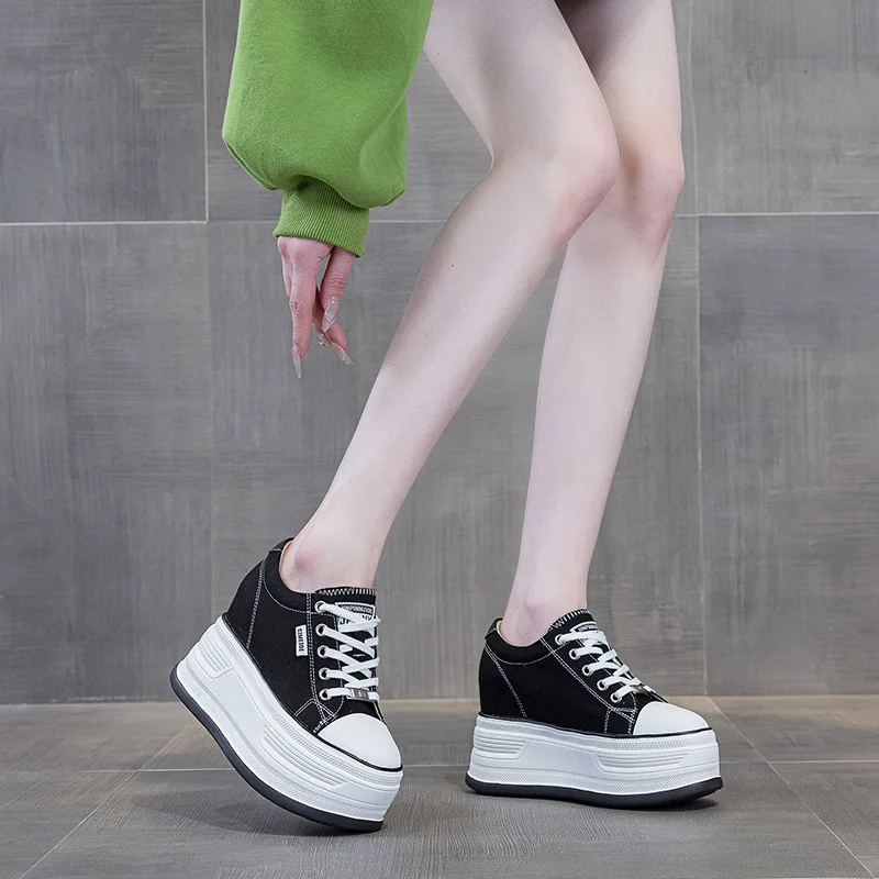Women's Korean Style Casual Canvas Shoes 12cm Elevated Platform Sneakers Comfortable Breathable Thick Sole Lace-up Shoes