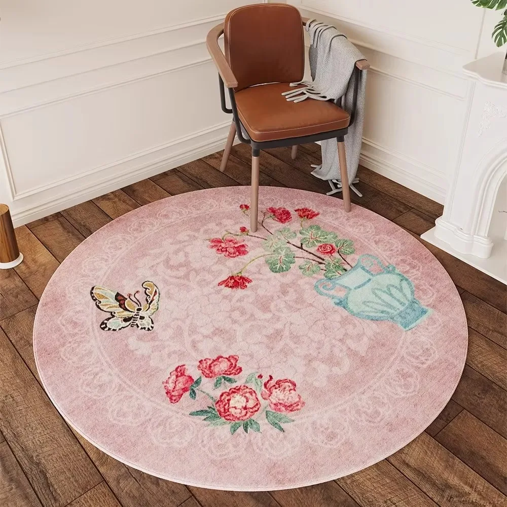 Round Floral Area Rug Vintage Peony Butterfly Vase Print Floor Mat Chinese Style Living Room Home Decor Circular Carpet