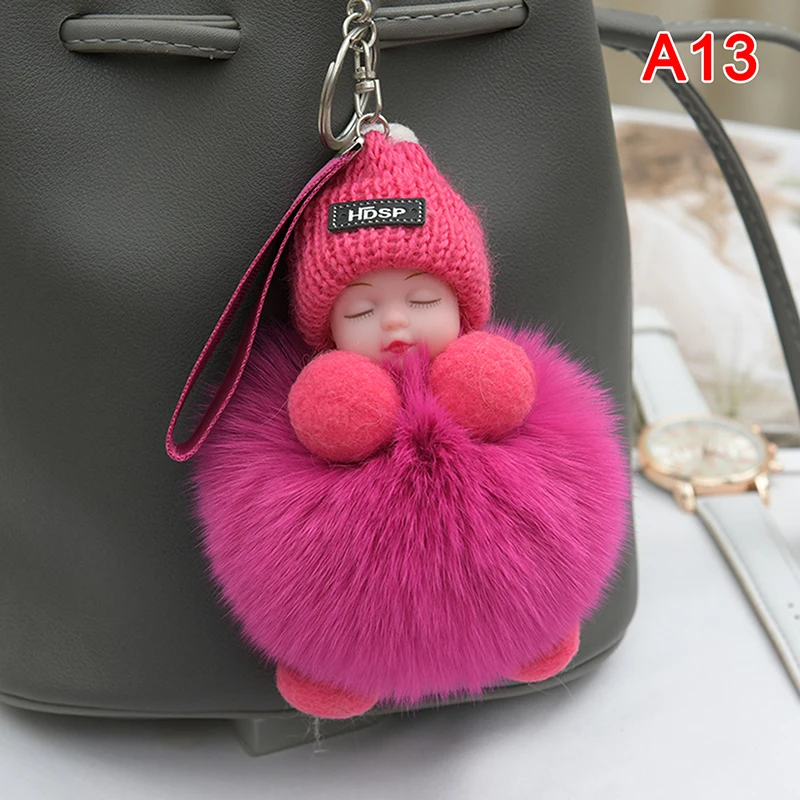 Pompom schlafendes Baby Schlüsselanhänger süße flauschige Plüschpuppe Schlüsselanhänger Frauen Mädchen Taschen Schlüsselanhänger Autos Schlüsselanhänger Geschenk charmante Dekoration