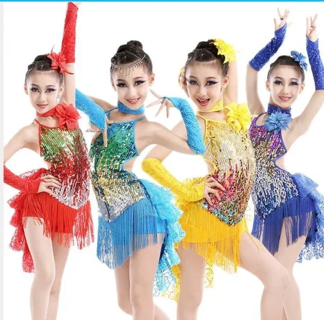 

1pcs/lot Sequin Fringe latin Dress Latin Competition Costume Girls Salsa dancing tassel Dress