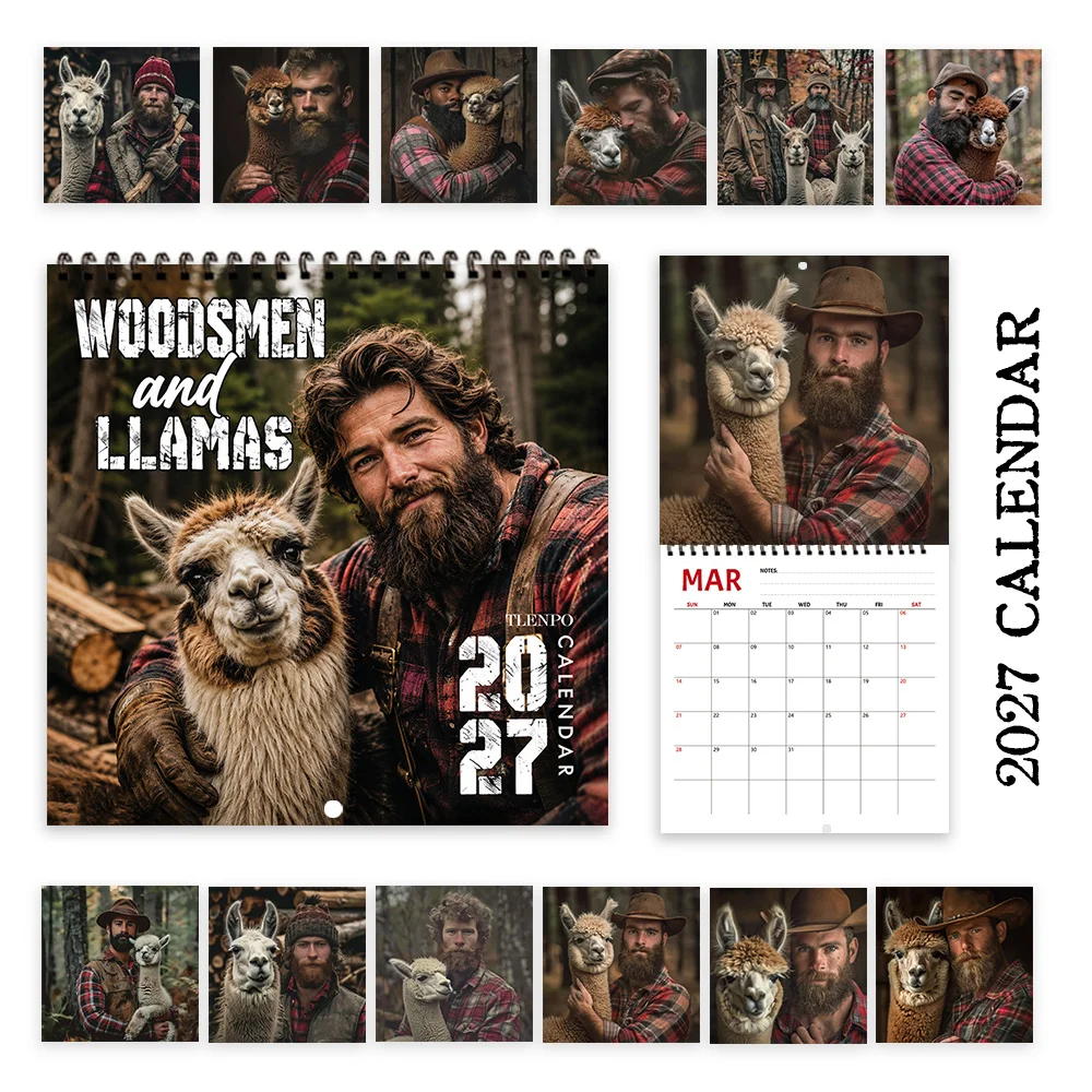 1pc 2027 Lumberjack And Alpaca Wall Calendar,12‑Month Planner,Gift For Back‑to‑School,Christmas,New Year,Free Stickers Included