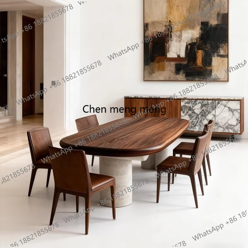 Italian minimalist oval natural marble dining table simple solid wood dining table antique travertine