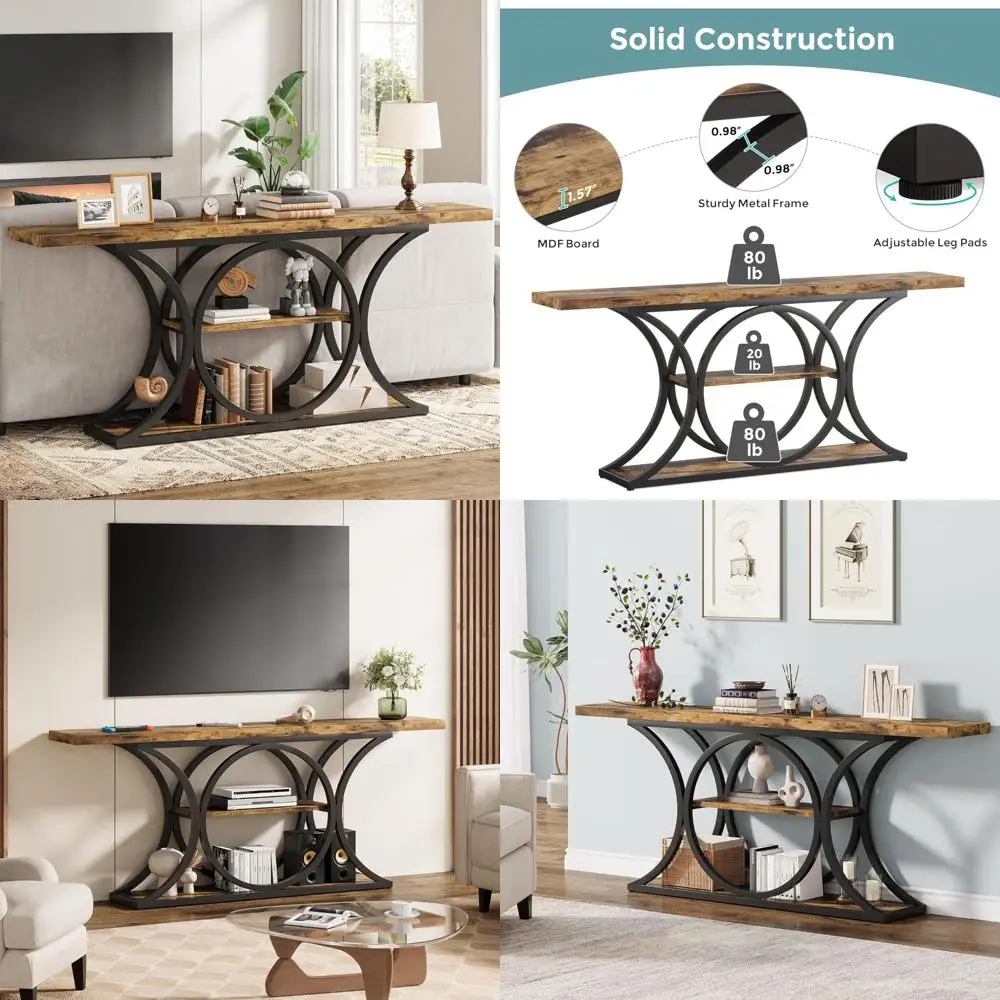 Rustic Industrial Style Extra Long 63 Inch Sofa Table with 3-Tier Storage and Black Metal Frame Console Behind Couch Furniture