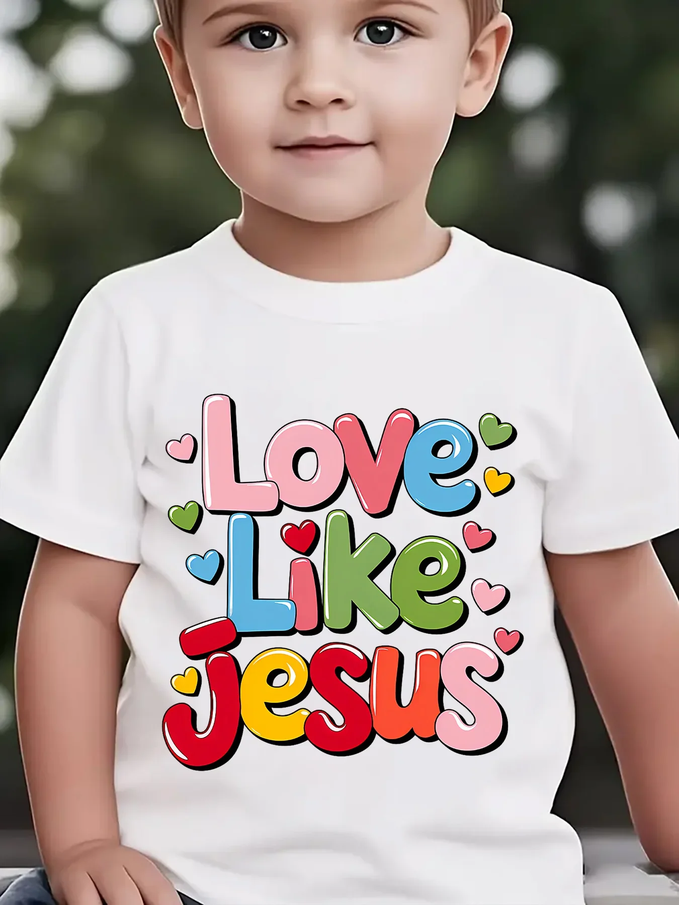 Boys Girls Cute Love Like Jesus Graphic Short Sleeve T Shirt Faith Letter Heart Print Toddler Daily Wear Casual Top