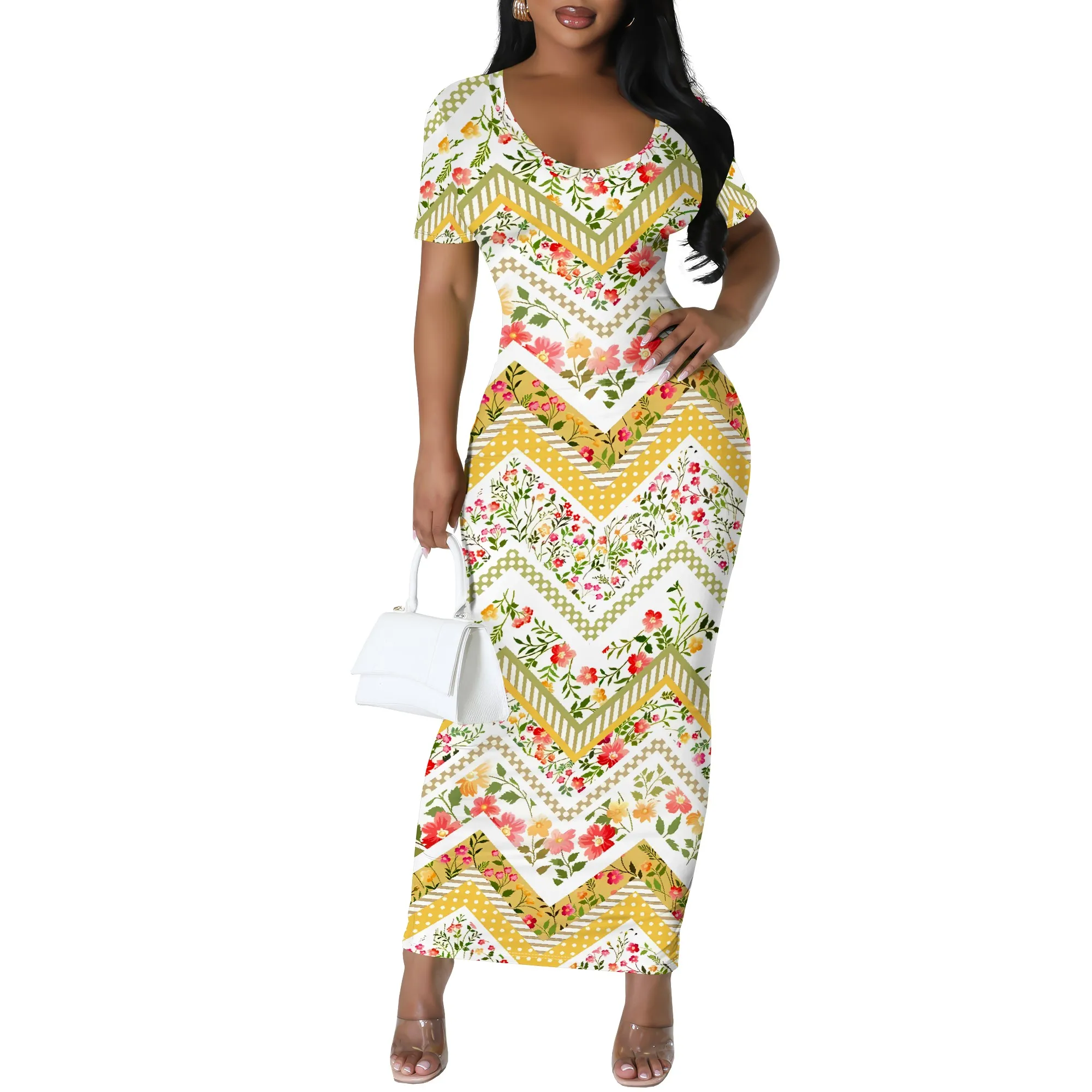 Nupusa ดอกไม้ Chevron พิมพ์ชุดผู้หญิงขนาดมาตรฐานฤดูร้อนสบายๆสแควร์คอแขนสั้น Maxi Dress