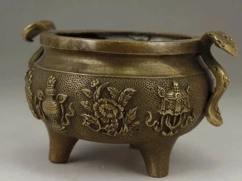 CHINESE OLD BRASS HANDWORK CARVING DRAGON FLOWER INCENSE BURNER