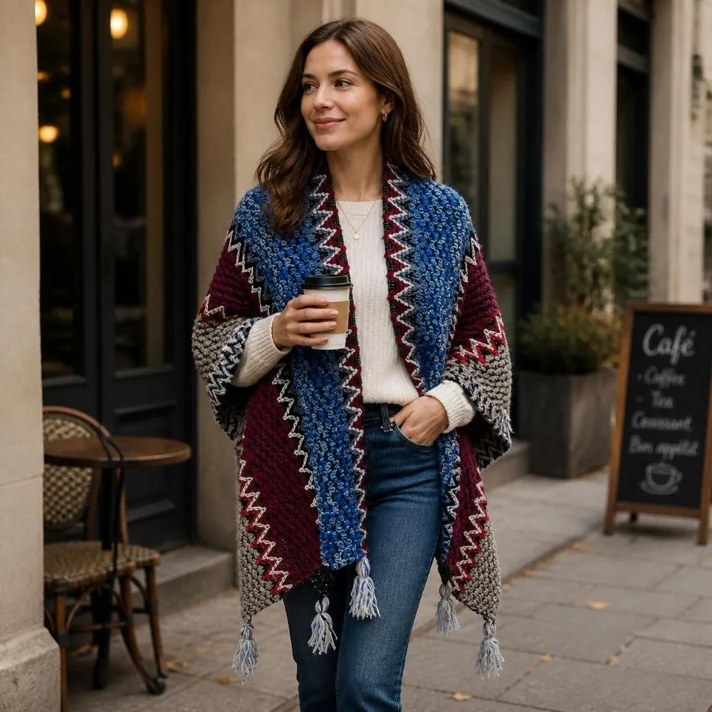 Striped Pattern Knit Poncho Cape Ethnic Print Oversized Shawl Wrap Cardigan Warm Long Tassel Tassel Knit Shawl Daily Outfit