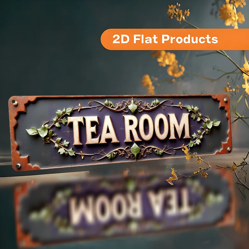 لافتة حائط معدنية مسطحة ثنائية الأبعاد لغرفة الشاي العتيقة - ديكور متجر الشاي مع أوراق مزخرفة وحواف كرمة - حروف شاي بني داكن وذهبي