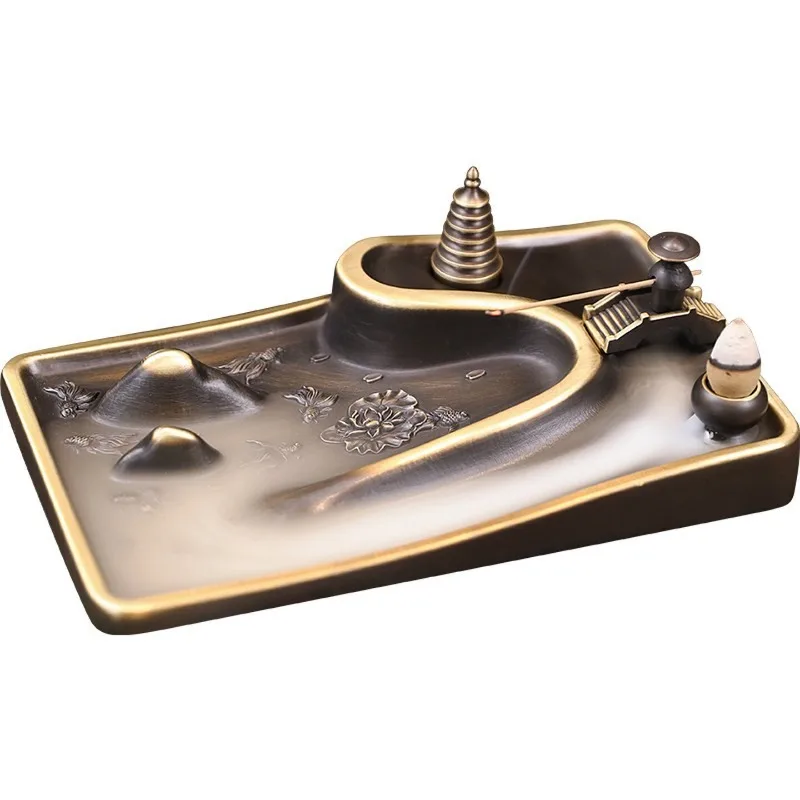 Pure brass backflow incense burner household antique line incense burner tower