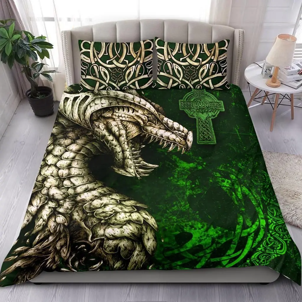 Viking Duvet Cover Set,Dragon & Claddagh Cross Celtic Bedding Set,Guardian of Asgard Scandinavian Culture Comforter Cover Queen