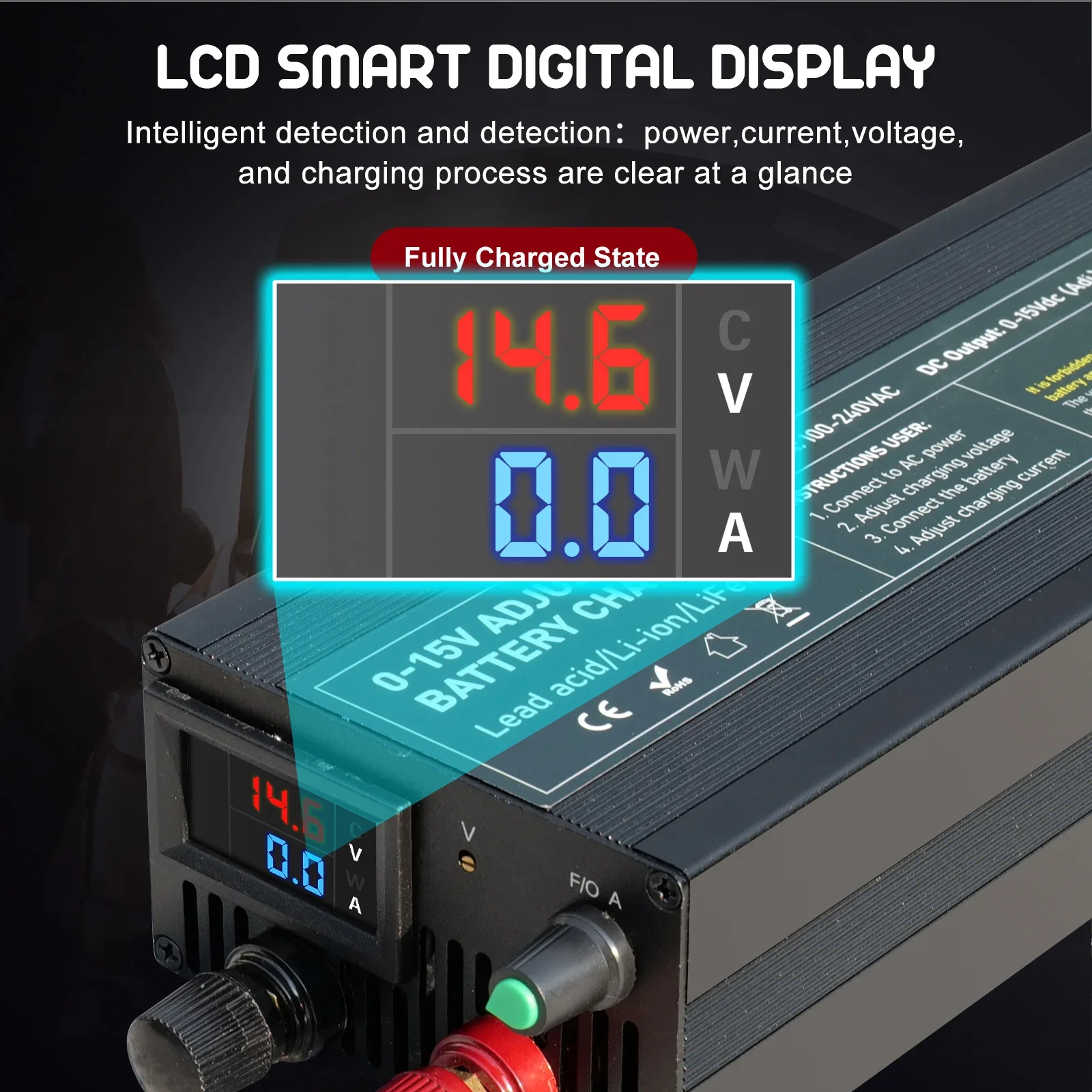 High-power Battery charger 12V 14.6V 60A/100A LCD Smart Universal Charger Fast Charging for 0-15V Adjustable Current & Voltage