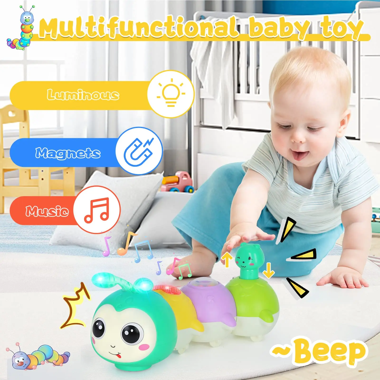 Brinquedo interativo de lagarta de rastejamento para bebê, Brinquedo musical para bebê, Tummy Time Sensory, Brinquedo de educação infantil com música magnética