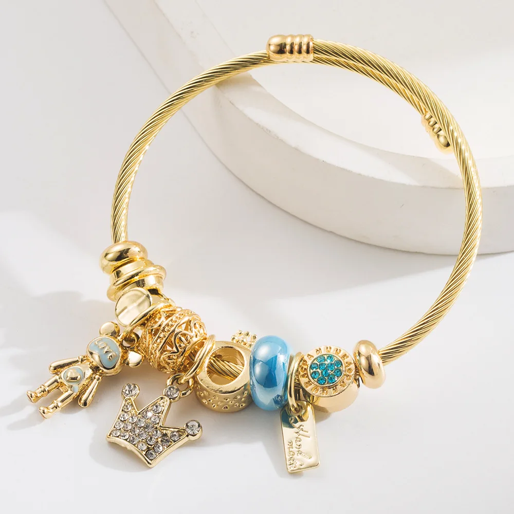 New Fashion Gold Minimalist Versatile Stainless Steel Women's Bracelet, Crown Bear Letter Pendant, Adjustable Couple Bangle