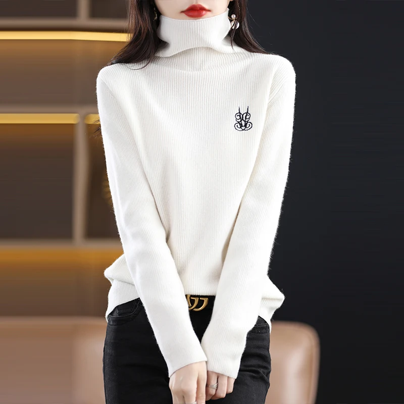 2023 Autumn/Winter New Cashmere Sweater Women\'s High Neck Pullover 100% Wool Loose Embroidered Jacquard Top Fashion Korean Editi