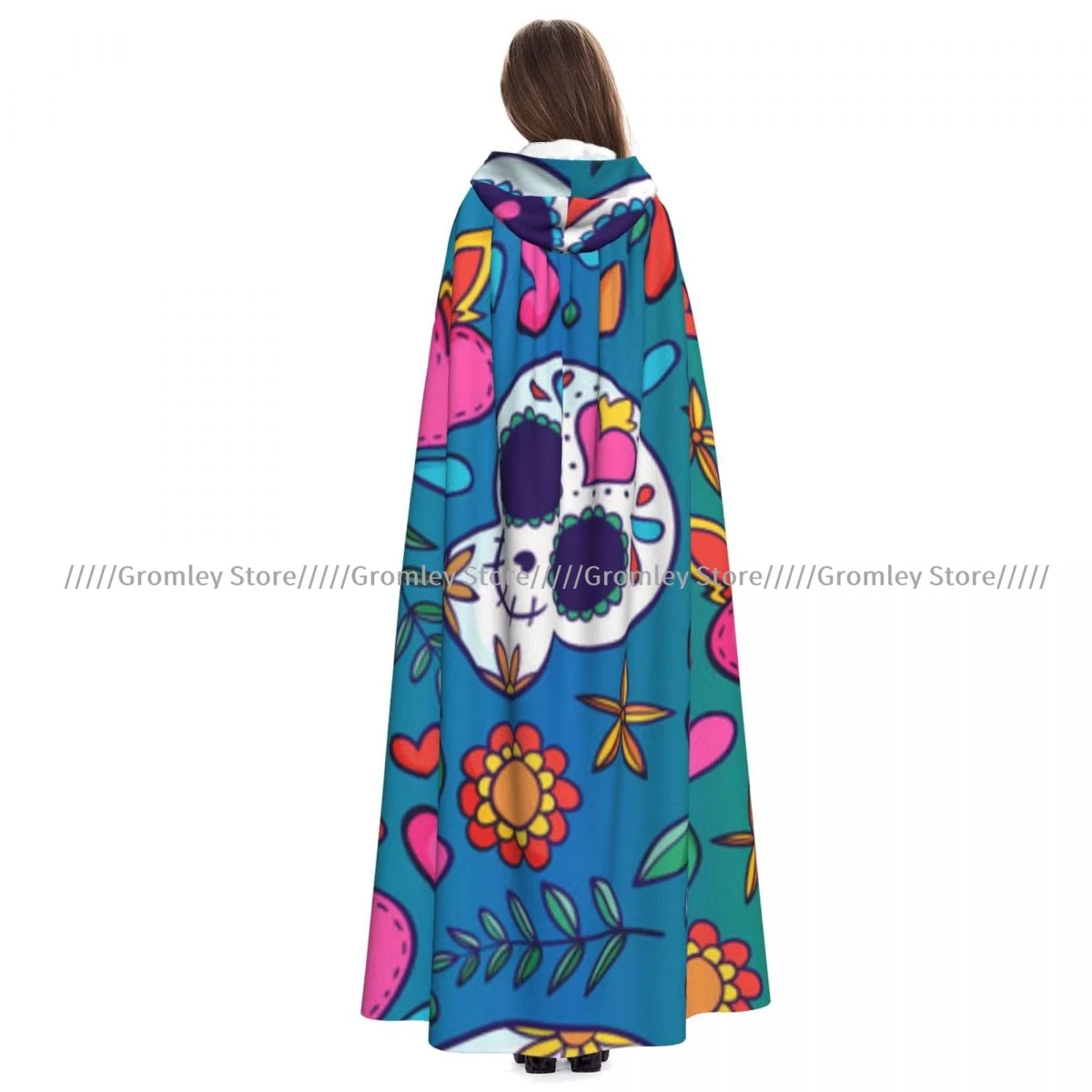 Adult Dia De Muertos Illustration Cloak Cape Hooded Medieval Costume Witch Wicca Vampire Halloween Costume Dress Coat