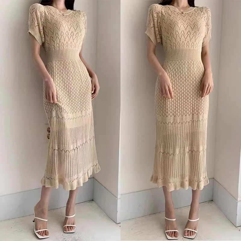 Korean Fashion Summer Dress Women Knitted Hollow Out Short Sleeve O-neck Slim Elegant Long Dresses Office Lady Vestidos Clothing