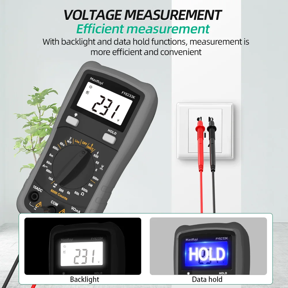 MASTFUYI Entry-Level Digital Multimeter 6000 Counts Easy-to-Use for Beginners Voltage/Current/Resistance Test NCV Detection Tool