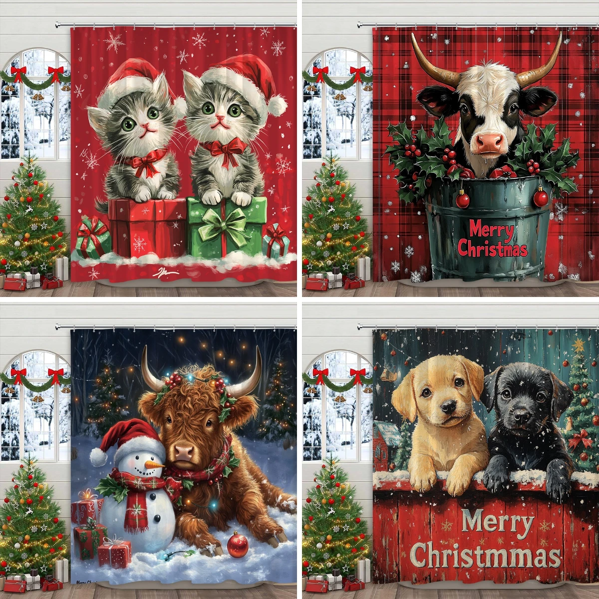 

Cute Christmas Highland Cow Animal Shower Curtain Funny Cats Puppies Prints Home Decor Bath Curtains Polyester Fabric With Hooks