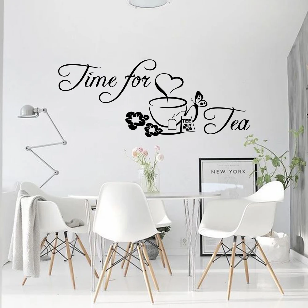 Large Time for Tea Butterfly Wall Sticker Kitchen Coffee Cafe Relax Time Wall Decal Office Dining Room  Home Decor