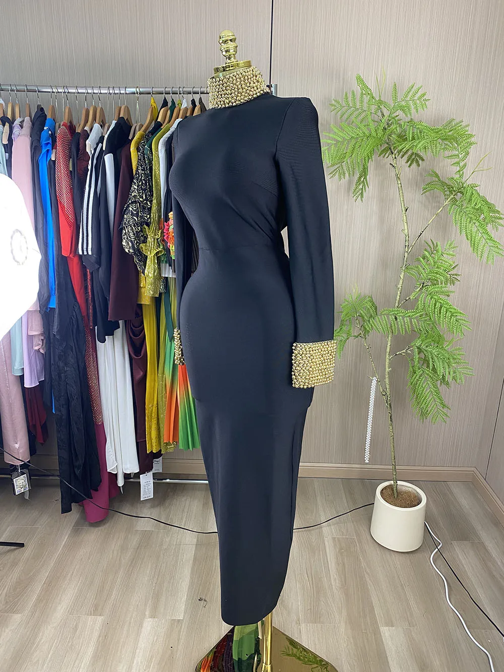 2026 New Stylish & Sexy Black Bodycon Dress – Backless, Beaded, with Long Lace-Up Straps-GZXX1174