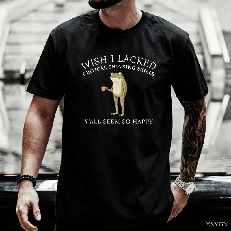 Funny Wish I Lacked Critical Thinking T Shirt Cotton Short Sleeve Tee Frog Meme Graphic T-Shirts Casual Round Neck Printed Tees