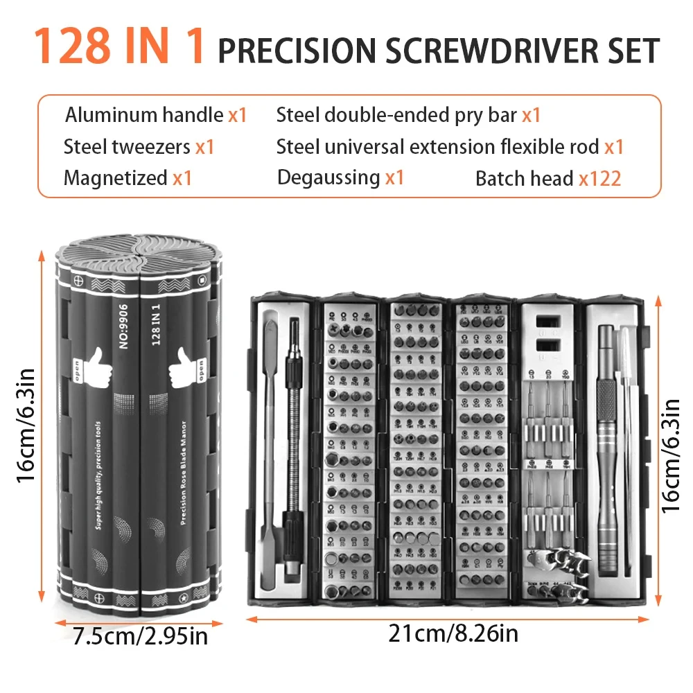 128 in 1 Precision Screwdriver Kit with Magnetic Flexible Shaft Professional Repair Tool for PC Phone Watch Camera Glasses