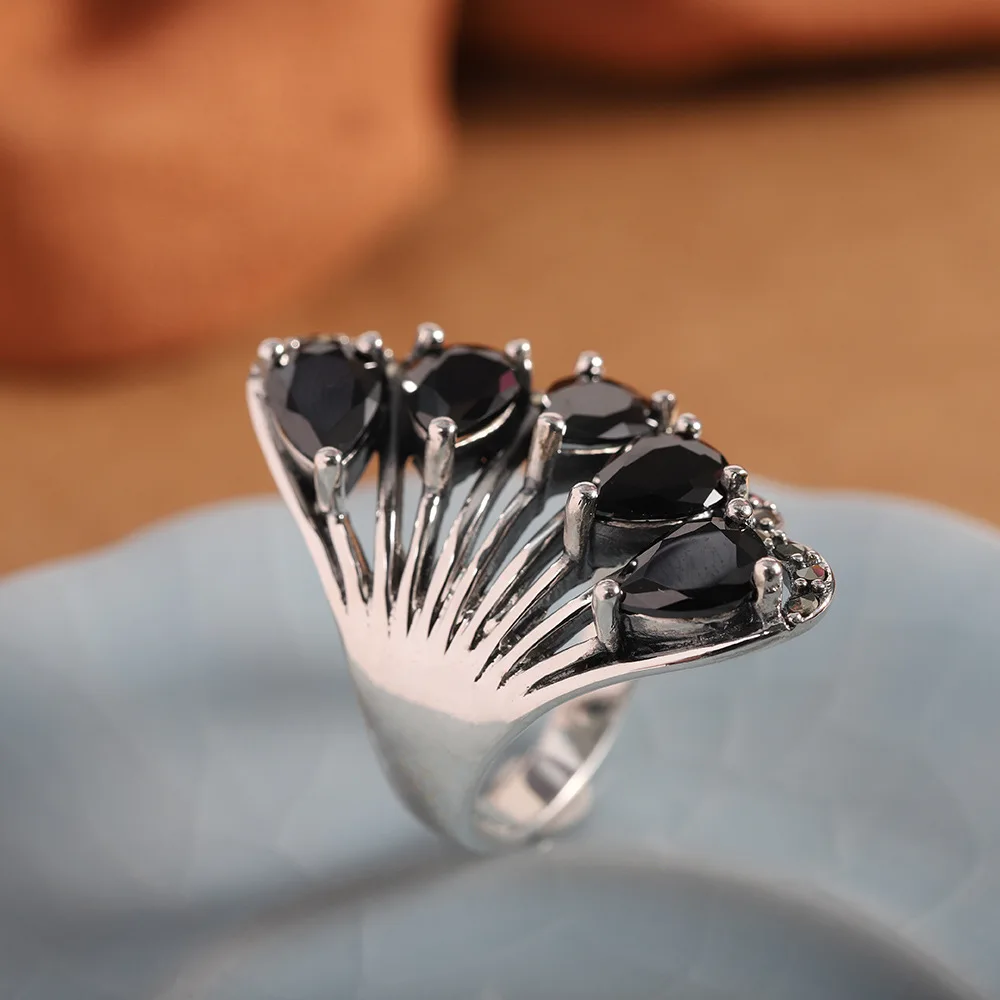 BOCAI NEW S925 Silver Simple Retro Style Inlaid With Zircon Phoenix Tail Water Droplet Women's Open-end Ring