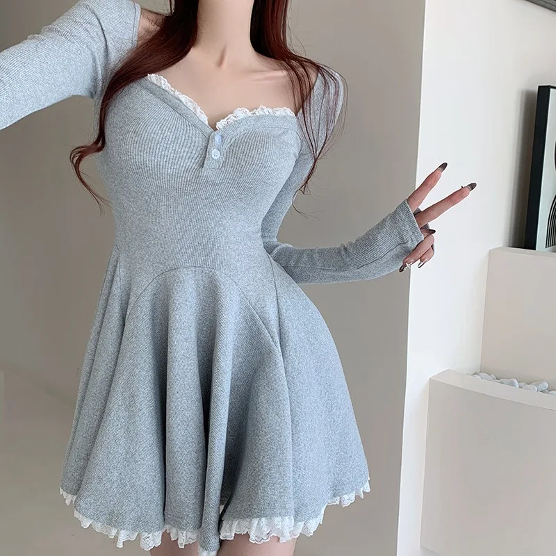 Sweet Sweater Dresses for Women Autumn Lace Trim V-Neck Long Sleeve A-line Mini Dress Lolita Y2k Bodycon Fashion Kawaii Girls