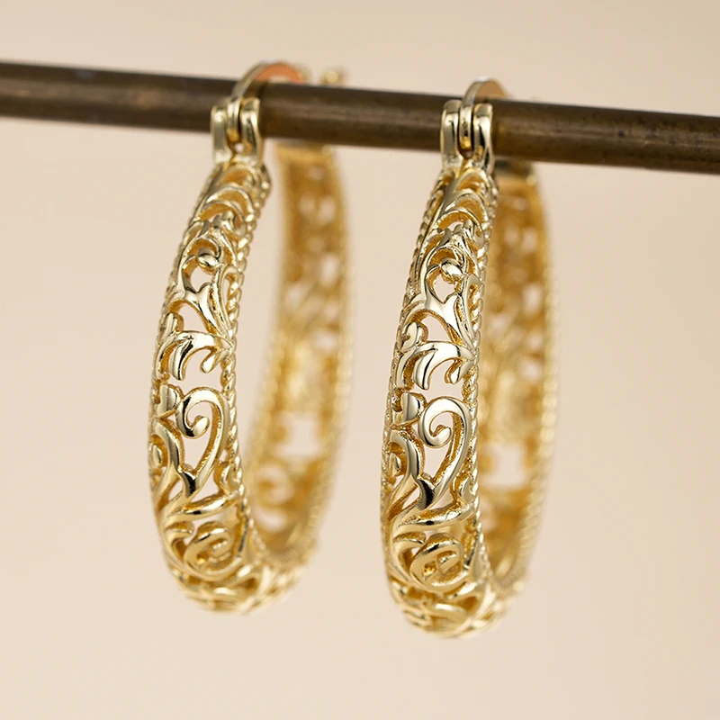Huitan Luxury Hollow Pattern Hoop Earrings Opulent Gold Color Earrings for Women Graceful Attractive Engagement Daily Jewelry