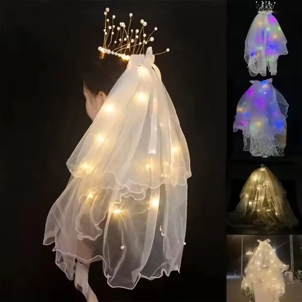 LED Braut Hochzeit Schleier leuchten Brautschleier mit Haarspange Tüll Party Festival Halloween Kostüm