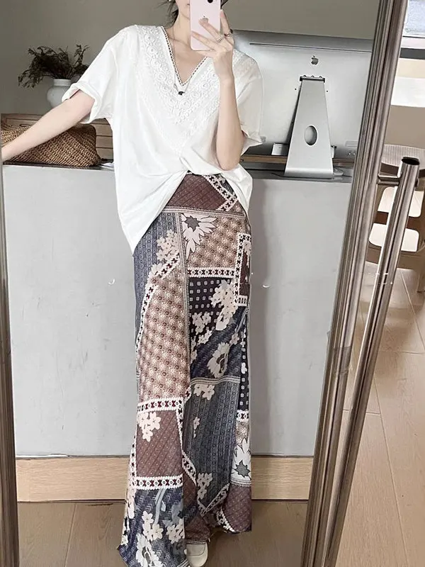 High Waist Printed Fish Tail Skirt Women's Summer Design Sense National Holiday Style Oil Painting Print Slimming Aesthetic