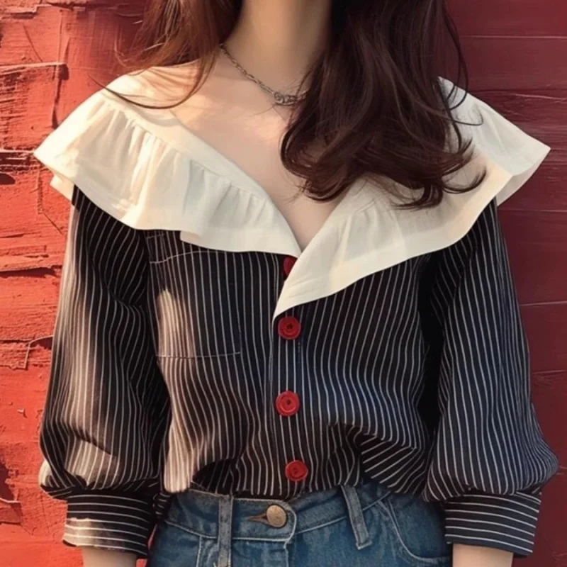 

Spring And Summer New V-Neck Ruffles Patchwork Long Sleeve Striped Office Lady Women's Wear High Quality Single Breasted Shirt