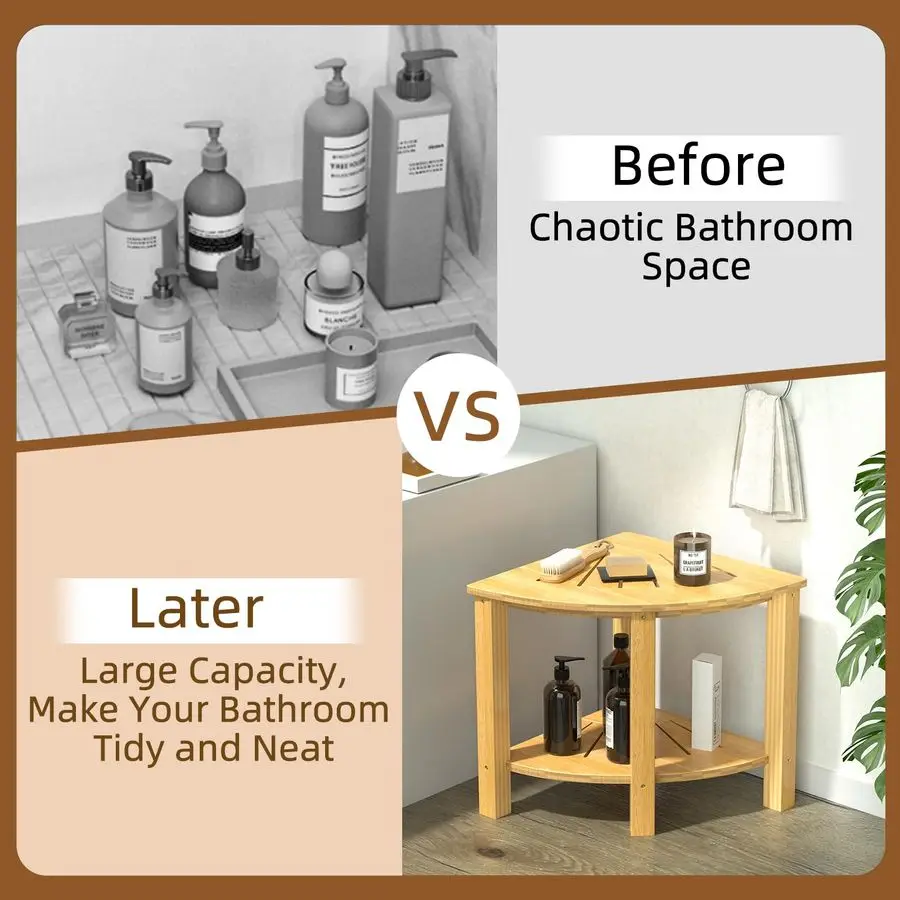 Bamboo Shower Stool Bench Corner Design with Storage Shelf Waterproof Shower Table for Spa Bath Seat in Bathroom or Inside Showe