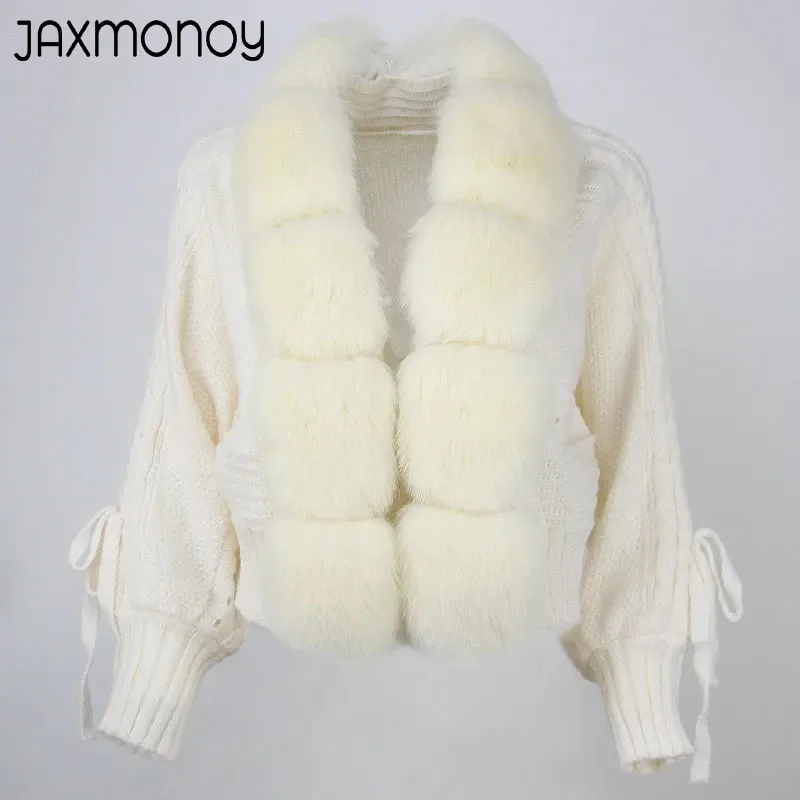 Jaxmonoy maglione da donna vera pelliccia di volpe Trim 2024 autunno inverno Casual Cardigan lavorato a maglia giacca corta moda donna con pelliccia naturale