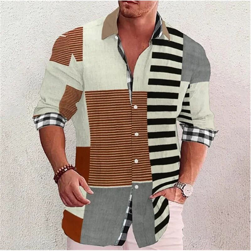 Fashion Men\'s Shirt Check Pattern Printed Geometric Lapel Shirt Outdoor Street Long Sleeve Streetwear Designer Casual S-6XL