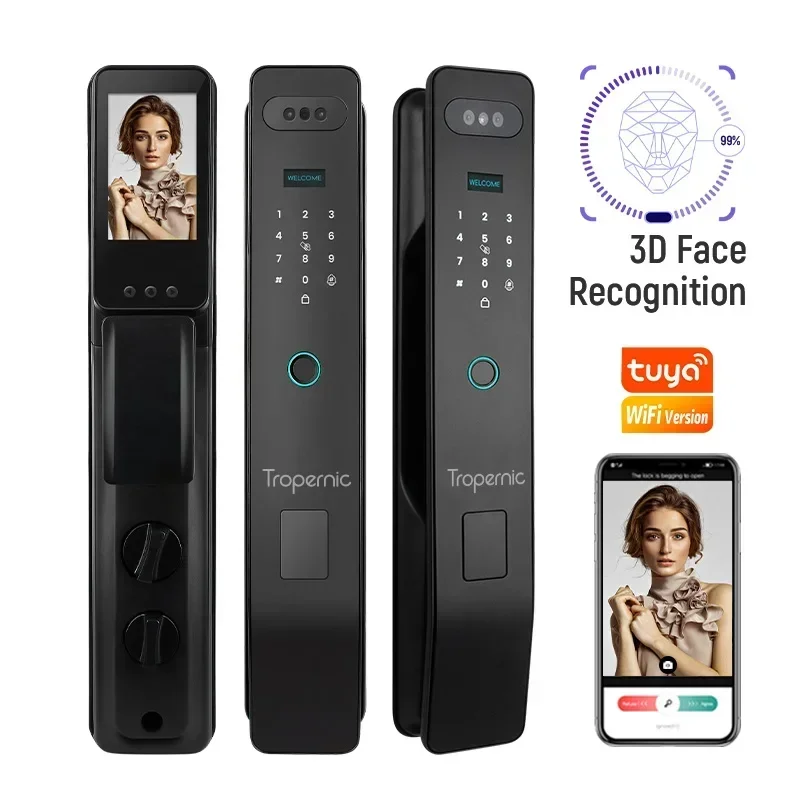 Tuya-Impermeável Dupla Face Fechadura Da Porta Deslizante com Câmera, Wi-Fi Eletrônica, Reconhecimento Facial, Smart Door Lock, ao ar livre, 3D