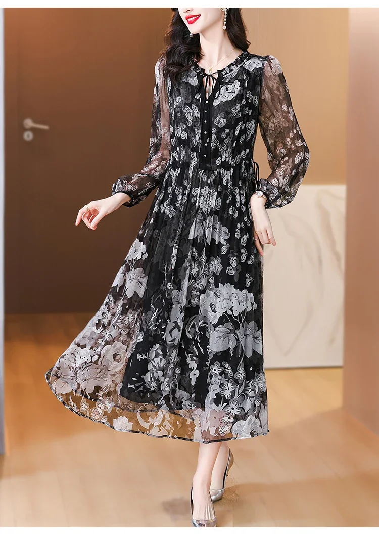 ฤดูร้อนหรูหราผ้าไหม Casual Midi ชุดสตรี Vintage Floral Elegant ชุดราตรีชุดราตรีฤดูใบไม้ผลิ Holiday Boho Hepburn Vestidos