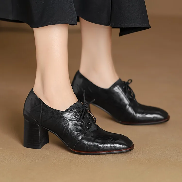 NEW Spring/Autumn Women Pumps Genuine Leather Shoes for Women Square Toe Chunky Heel Shoes Concise Black Lace-up Handmade Shoes