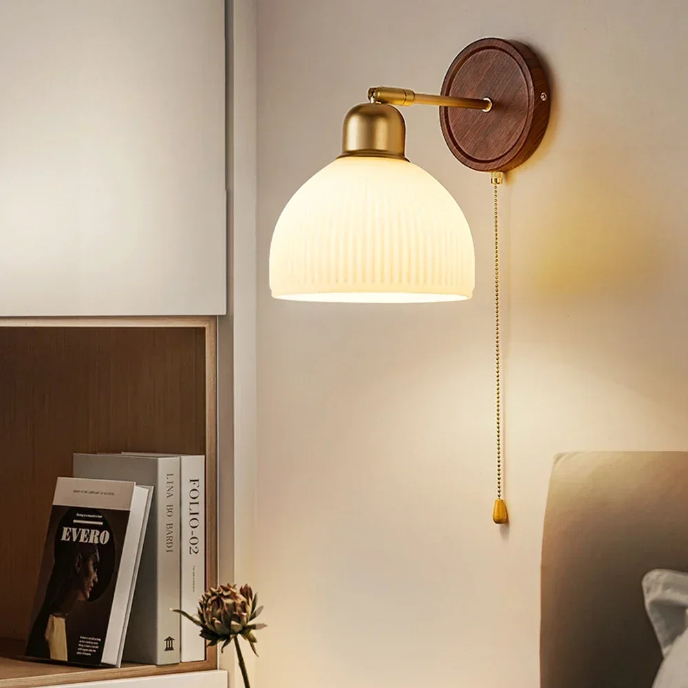 Nordic Glass Wall Lamps Bedside Gold Wooden Wall Light for Bedroom Hallway with Zipper Switch Decorative E27 Sconce Illumination