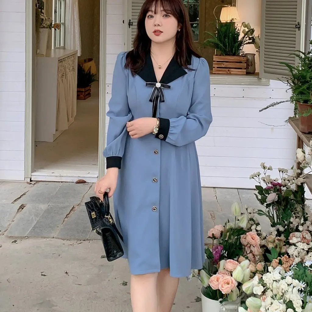 

K2250 женское платье больших размеров в стиле ретро во французском стиле, весеннее новое повседневное платье с контрастной цветной строчкой в западном стиле Fat Sister