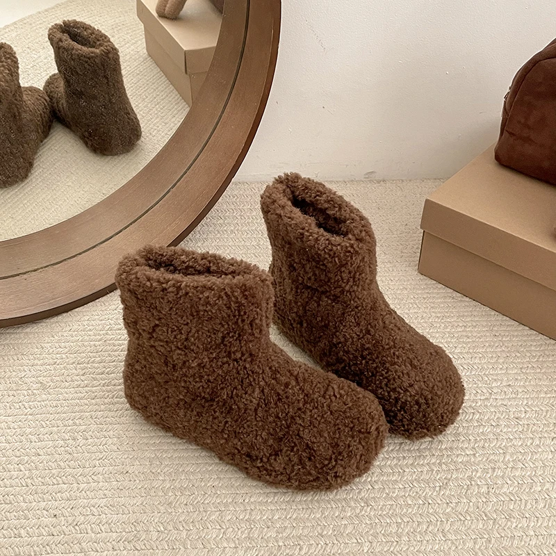 

Korean Thickened Fleece Snow Boots Women Flat Bottom Anti-Slip Warm Lamb Fur Cotton Boots Short Tube Fur Boots Winter Shoes