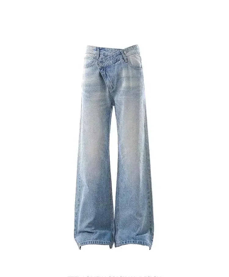 Unisex Slim‑Fit Straight‑Leg Denim Jeans With Asymmetric Waistband For Spring Autumn Street Casual Wear Unisex Jeans
