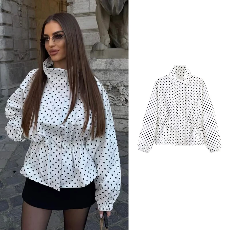 Women's Jackets Spring 2026 New Fashion Polka Dot Elegant Women's Drawstring Slim Warm Long Sleeve Coats Street Chic Youth Coats