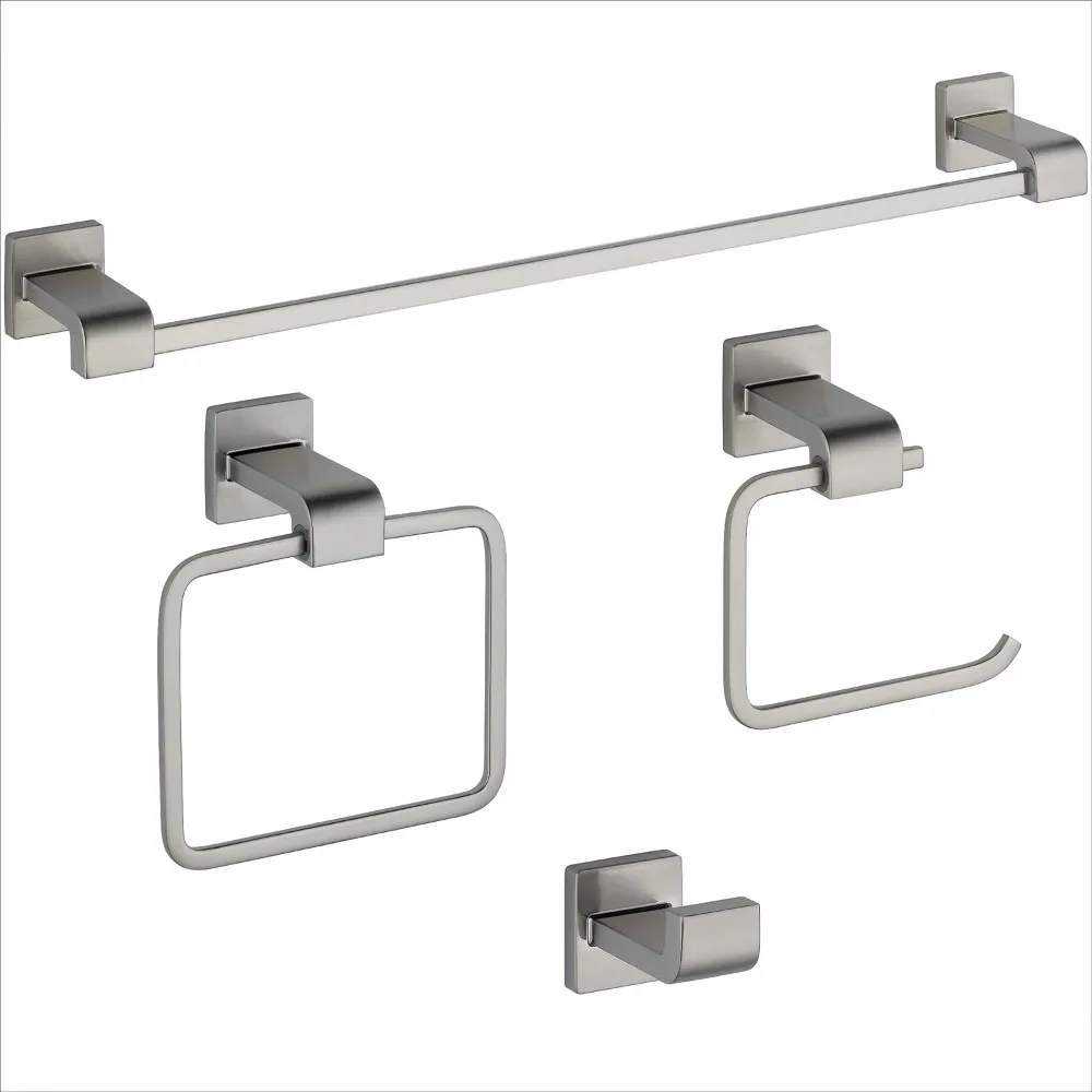 Stainless Steel 4-Piece Bathroom Hardware Set: 24-inch Towel Bar, Toilet Paper Holder, Towel Ring, and Towel Hook