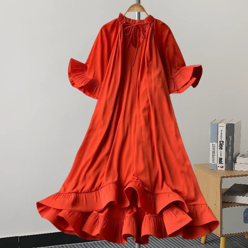 GVUW A Line Dress Women V Neck Flare Sleeve Loose Solid Color Lace-up A Line Fashion New 2024 Medium Long Dresses 17G7813