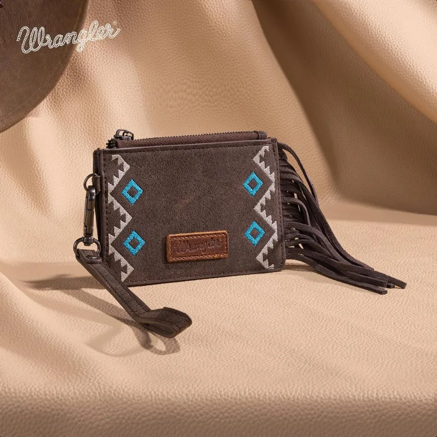 X Wrangler Small Card Wallet Women Fringe Small Wallet with Wristlet Strap RFID Slim Card Holder Ladies Wallet with ID Window